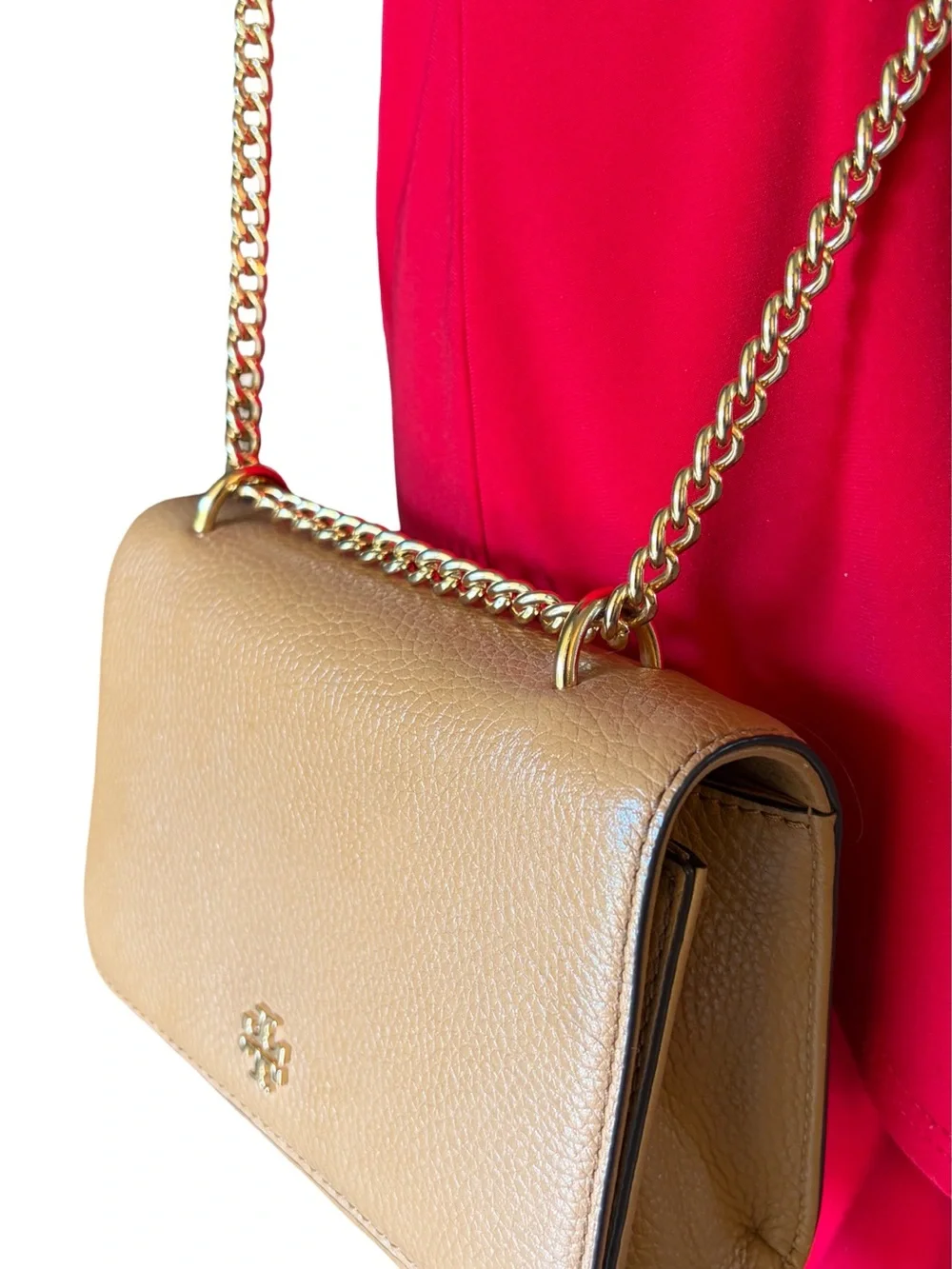 Tory Burch Carter Shrunken Shoulder Bag Tan Pebbled Leather Gold Hardware